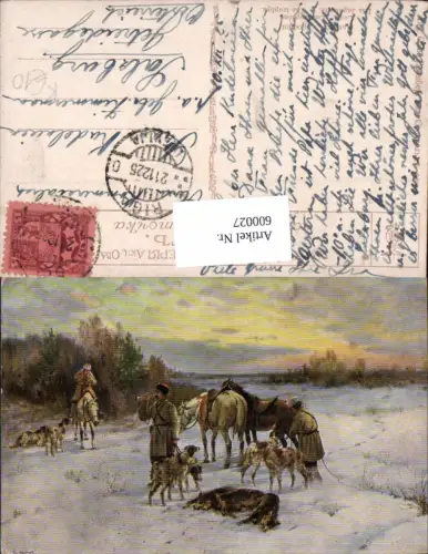 600027,Künstler Ak Die Jagdbeute Jagd Jäger Hunde Winterlandschaft