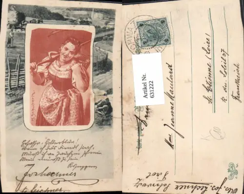 631222,Künstler Ak H. Schubert Frau Tracht Sense Landwirtschaft