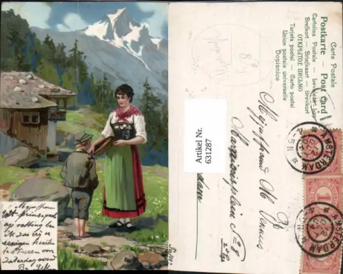 631287,Künstler Ak Frau m. Bub Junge Tracht Alpendorf