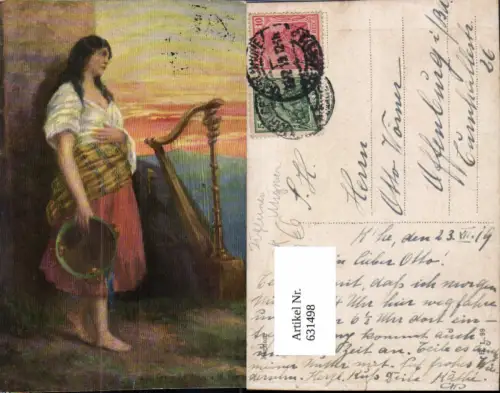 631498,Künstler Ak Sinti Roma Mignon Zigeuner Harfe