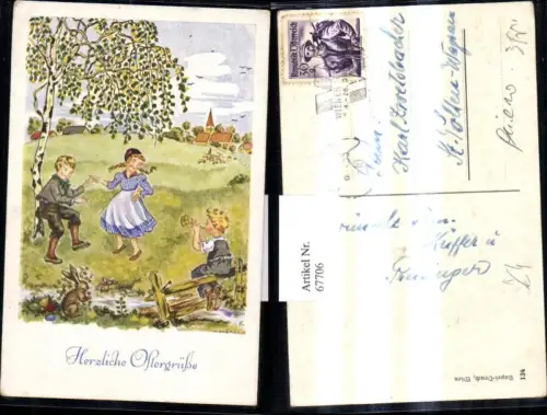 67706,Künstler Ak H. Döbrössy Ostern Kinder Tanz u. Birke Musik Flöte Hase Ostereier Eier Dorf