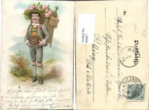 84007,Tolle Litho Jagd Jäger m. Blumen Rosen