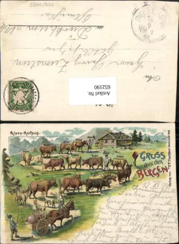 Lithographie Gruss aus den Bergen Alpen Aufzug Alpfahrt pub F. Fleschhut Imenstadt