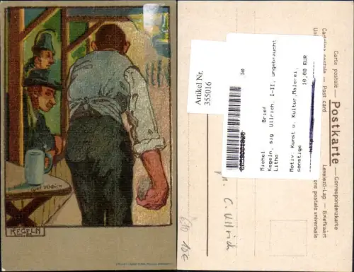 355016,Künstler Ak Ullrich Kegeln Spiele Mann m. Kugel Bier Bierkrug