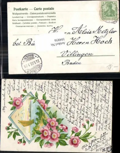 104856,Litho Blumen Segelboot am Fluss