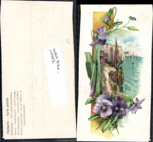 119302,Präge Litho Blumen Segelschiff Segelboot