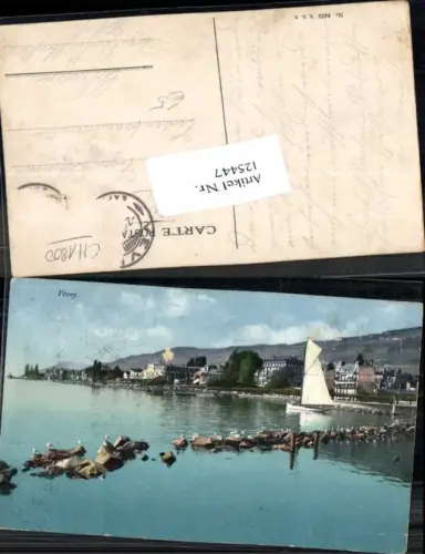 125447,Vevey Tolle Ansicht m. Segelboot Segelschiff Hafen Kt Waadt