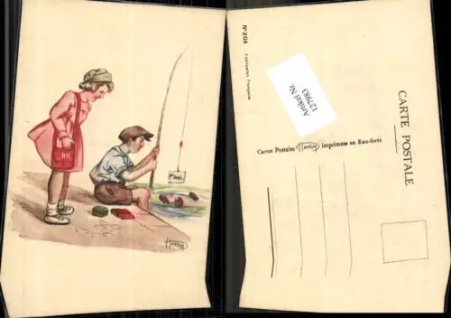 127983,Süsse Kinder Künstlerkarte henry sign. Mädchen Handtasche angeln fischen