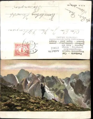 171812,Künstler Ak Bergsteiger b. Rast Pause v. Bergkulisse
