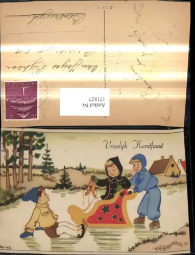 171827,Künstler Ak Kinder m. Eisschlitten Schlitten a. Eis Eislaufen Schlittschuhlaufen