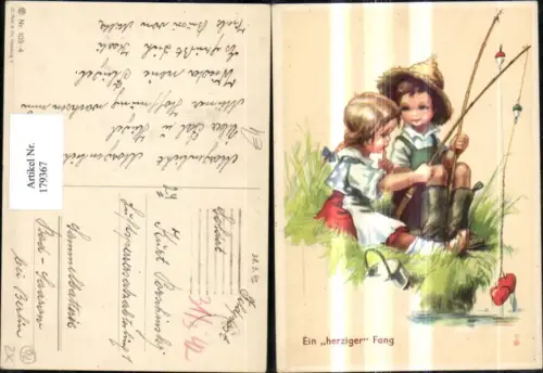 179367,Künstler Ak Kinder b. Fischen Angeln Angel Ein herziger Fang