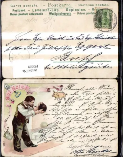 193709,Sport Litho Kegeln Mann m. Zigarre Bierkrug Schweineglocke Gut Holz