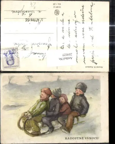 284029,Künstler Ak M. Kazdove Kinder b. Schlittenfahren Rodeln Sport Wintersport