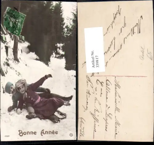 339817,Sport Wintersport Paar a. Rodel Schlitten Sturz Bonne Annee