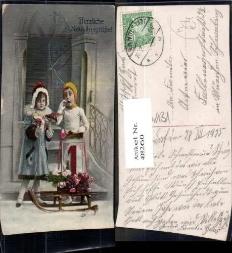 408260,Kinder m. Schlitten Rodel Kalenderblatt Blumen Wintersport