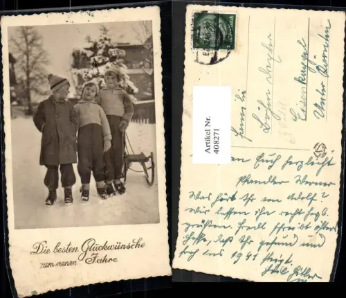 408271,Foto Ak Kinder m. Schlitten Rodel Wintersport