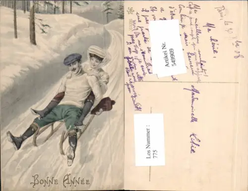 549909,tolle Künstler AK Sport Wintersport Rodel Schlitten Rodelpartie Bonne Annee
