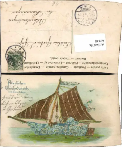 62148,Präge Litho Schiff aus Blumen Segelschiff
