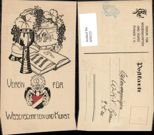 430232,Studentika Plauen Verein für Wissenschaft u. Kunst Wappen Kelch Wein Buch
