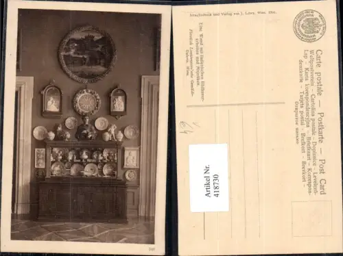 418730,Eine Wand m. italienischen Bildhauerarbeiten u. Majoliken Interieur Einrichtung pub J. Löwy 340