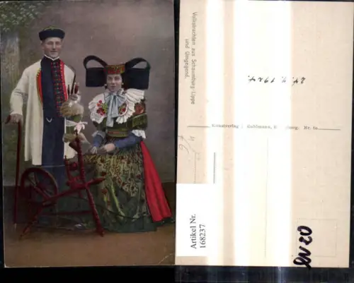 168237,Paar m. Spinnrad Technik Tracht Volkstracht a. Schaumburg Lippe u. Umgebung