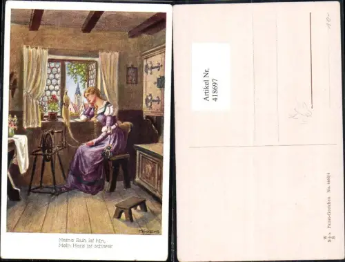 418697,Künstler Ak F. Kaskeline Frau sitzt Spinnrad Faust Gretchen