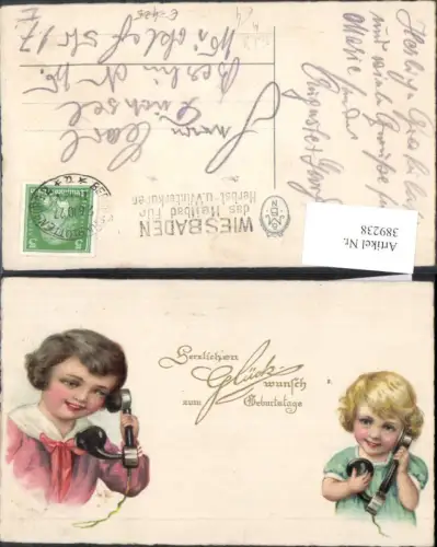 389238,Künstler Ak Technik Telefon Kinder m. Hörer Telefonhörer Antik Geburtstag Goldschrift