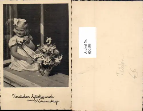 600188,Telefon Blondes Mädchen sitzt m. Hörer a. Fenster Blumen Namenstag