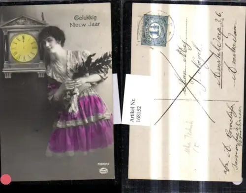 168152,Frau m. Uhr Kleintechnik Technik Gelukkig Nieuw Jaar Zweige i. Arm