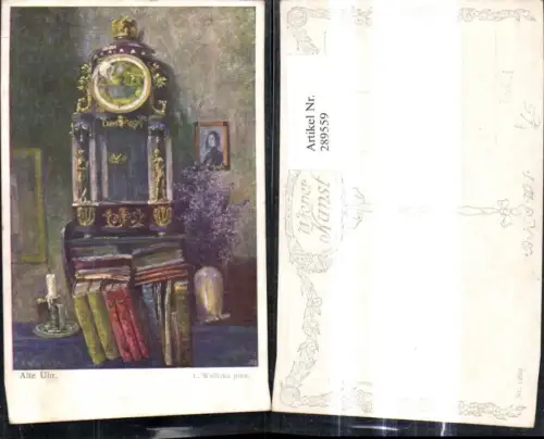 289559,Künstler Ak L. Widlizka Alte Uhr Bücher Kerze