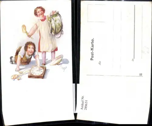 289631,Künstler Ak Ezel Uhr Kinder Topf u. Löffel