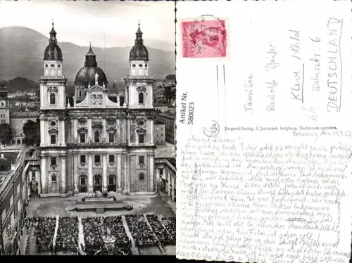 580023,Foto Ak Salzburg Domplatz Jedermann Festspiele 1957 Theaterszene Theater