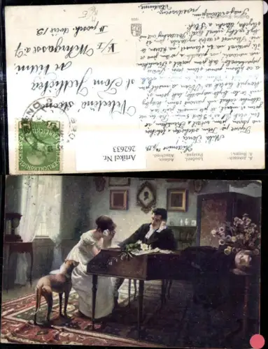 262633,Künstler Ak A. Jakesch Abschied Frau weint a. Klavier Hund Theater Musik