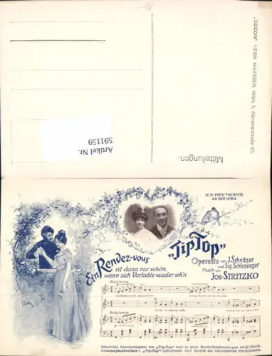 591159,Operette TIP TOP Wien Jos. Stritzko J. Schnitzer Sig. Schlesinger Odeon Theater Liedkarte