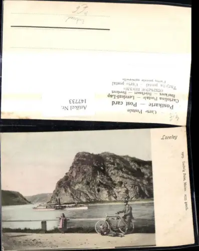 147733,Mann Kinder Fahrrad Loreley Schiff Dampfer i. Hintergrund