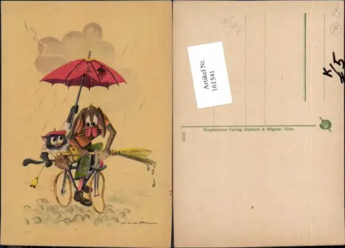 161541,Scherz Humor AK Klapa sign. pub Dechant Rögner Fahrrad Schirm Hase