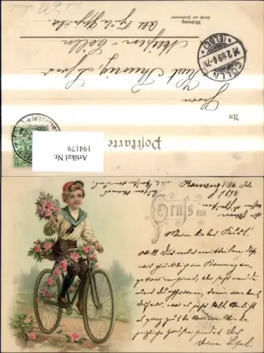 194179,Litho Fahrrad Rad m. Bub Junge Matrosenanzug Blumen Rosen Strauß