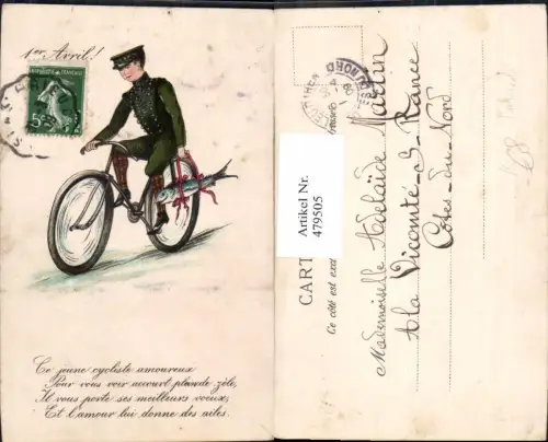 479505,Künstler Ak Bub Junge Uniform m. Fisch auf Fahrrad Rad Text Spruch