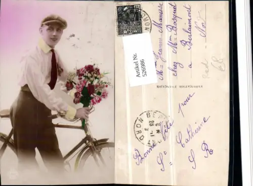 526986,Foto-AK Fahrrad Rad Mann m. Rosen Blumen