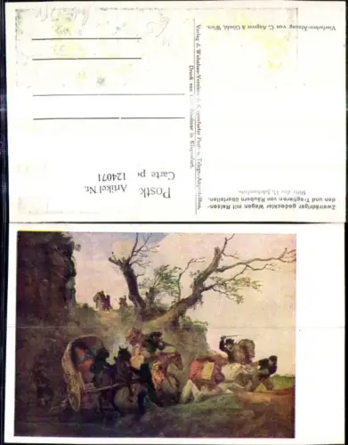 124071,Künstler Ak Kutsche Zweirädiger Wagen m. Reisenden u. Tragtieren v. Räubern überfallen 17 Jhdt.