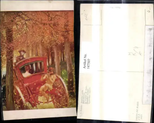 147507,Künstler Ak G. la Touche Heiratsreise Kutsche i. Wald Amor m. Flöte