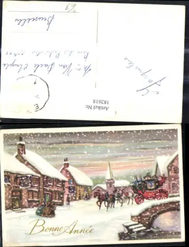 182618,Künstler Ak Kutsche Winterdorf b. Schneefall Goldverzierung Bonne Annee