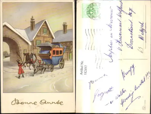 182897,Künstler Ak Kutsche i. Winterdorf Goldverzierung Bonne Annee