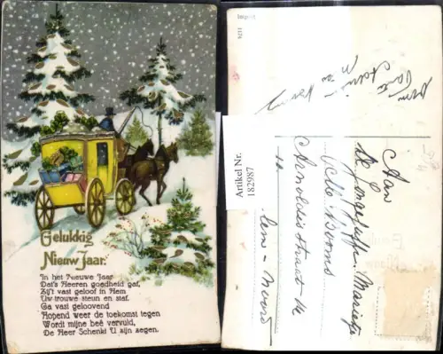 182987,Präge Künstler Ak Kutsche i. Winterwald Goldverzierung Gelukkig Nieuwjaar Spruch Text