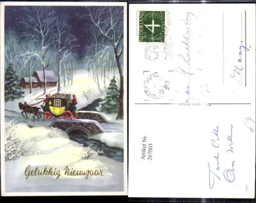 267003,Künstler Ak Kutsche a. Brücke Winterlandschaft b. Nacht Neujahr