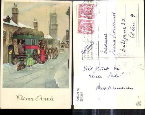 284263,Künstler Ak Kutsche Strassenansicht Dorf Winter Reisende m. Gepäck Bonne Anne