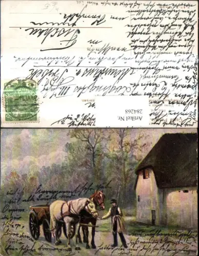 284268,Künstler Ak Kutsche Pferdewagen m. Kutscher Haus Landschaft
