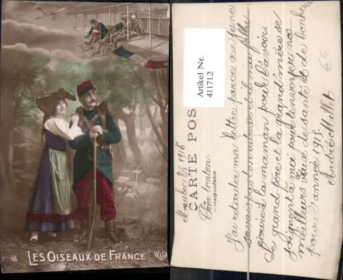 411712,Fotomontage Soldat m. Frau Doppeldeckerflugzeug militärisch Les Oiseaux de France