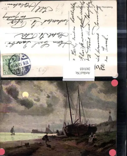 265103,Künstler Ak Segelschiffe Schiffe a. Ufer liegend Fischer Leute Mondschein