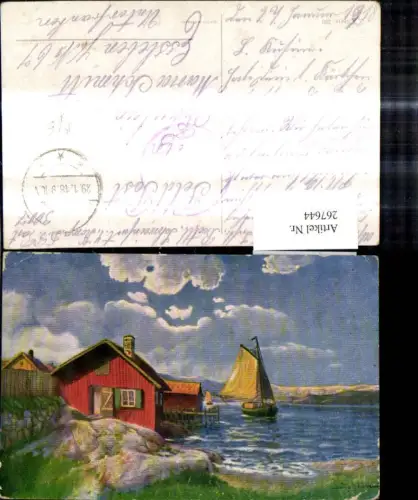 267644,Künstler Ak Schiff Segelboot Küste Hafen Haus Landschaft